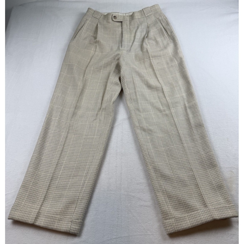 Barry Bricken Mens Dress Pants 30x29 Pleated Cuffed Wool Gray Ivory Houndstooth